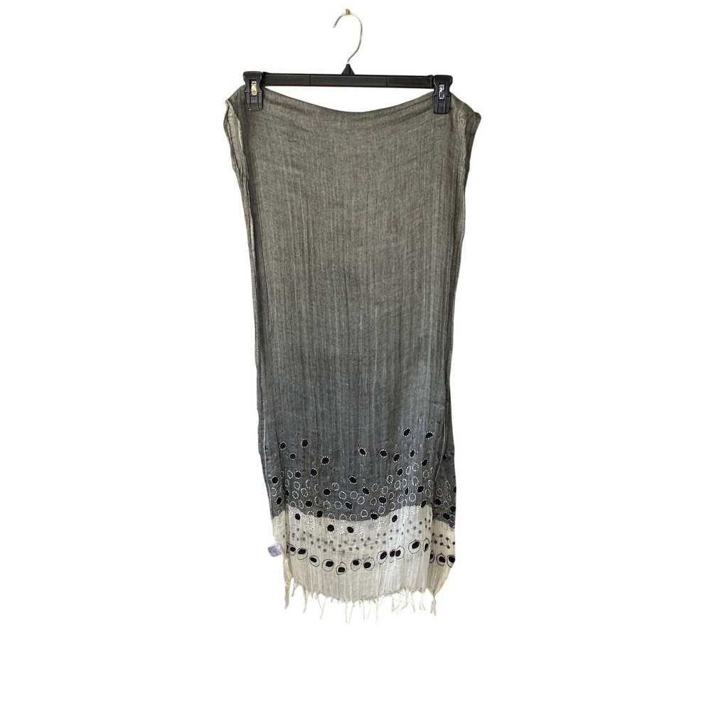 Grey White Eyelet Embroidered Fringe Oblong Scarf Lightweight Boho Wrap - Picture 2 of 11